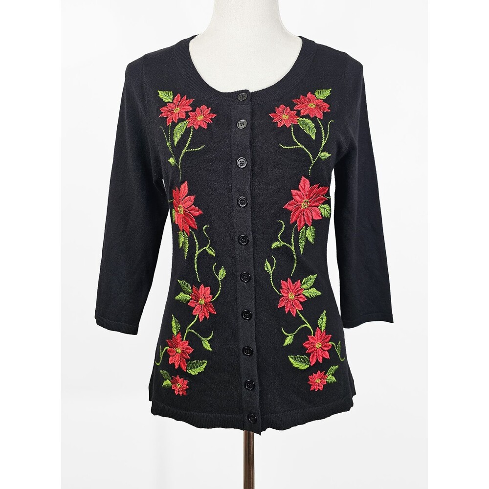 Unique Vintage Medium Black Red Poinsettia Retro Cardigan Holidays Festive